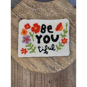 Beaded Coin Purse White Flowers Beautiful Wallet Travel Pouch Womens Accessories